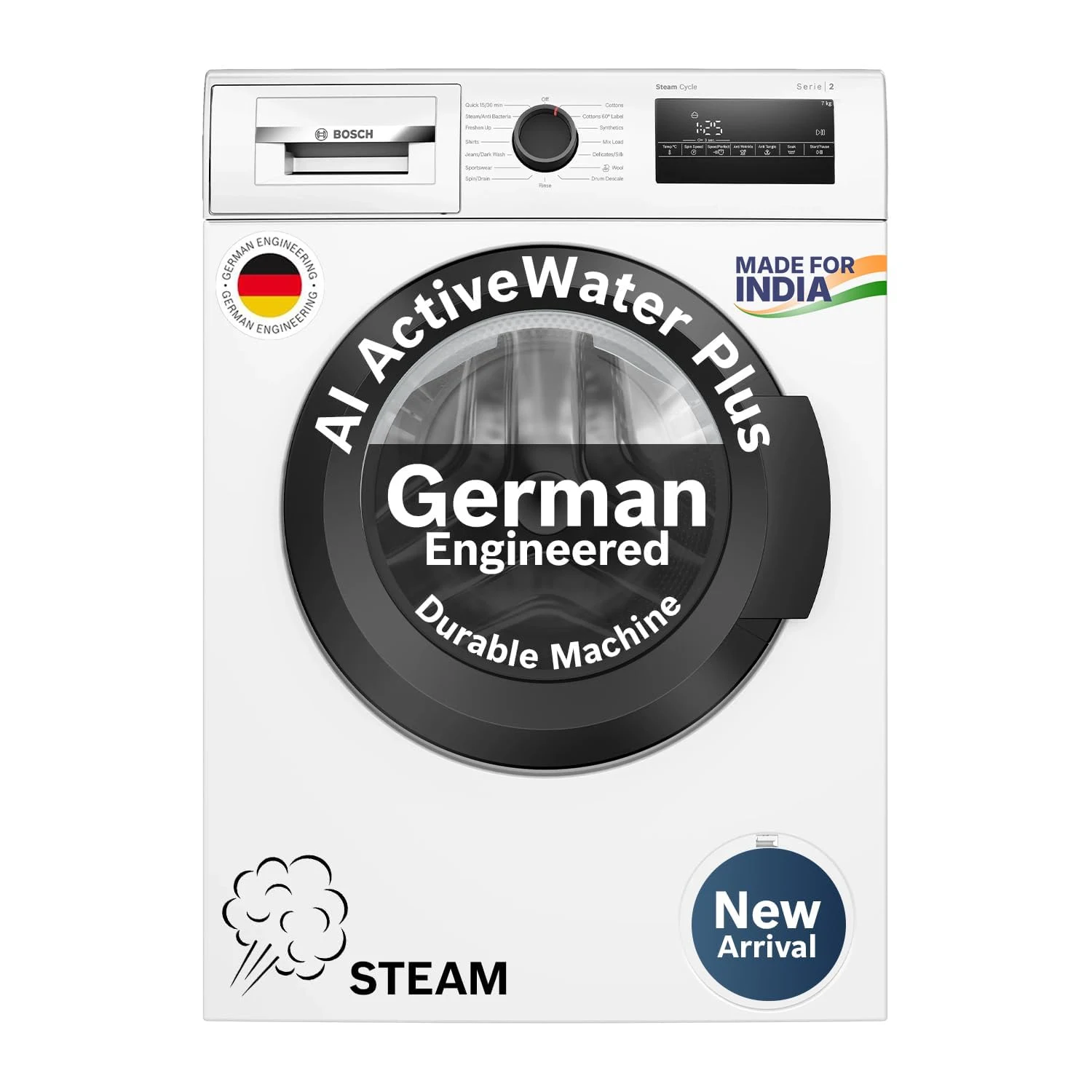 Best Bosch 7 kg 5 Star Front Load Fully-Automatic Washing Machine Steam Antibacterial Tech AI ActiveWater 15 Wash Programs 53L Large Drum SoftCare Paddle White WAJ24263IN (2026 Model) In-Depth Review: Performance, Specifications & Buying Guide
