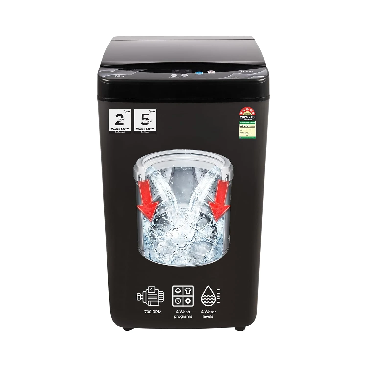 Best Midea 7.5 Kg 5 Star Fully Automatic Top Load Washing Machine Spiral Stream Tub Dual Waterfall 6 Petal Pulsator Magic Filter (MWMTL075FP0PNMB Auto Restart Mid Black) In-Depth Review: Performance, Specs & Buying Guide